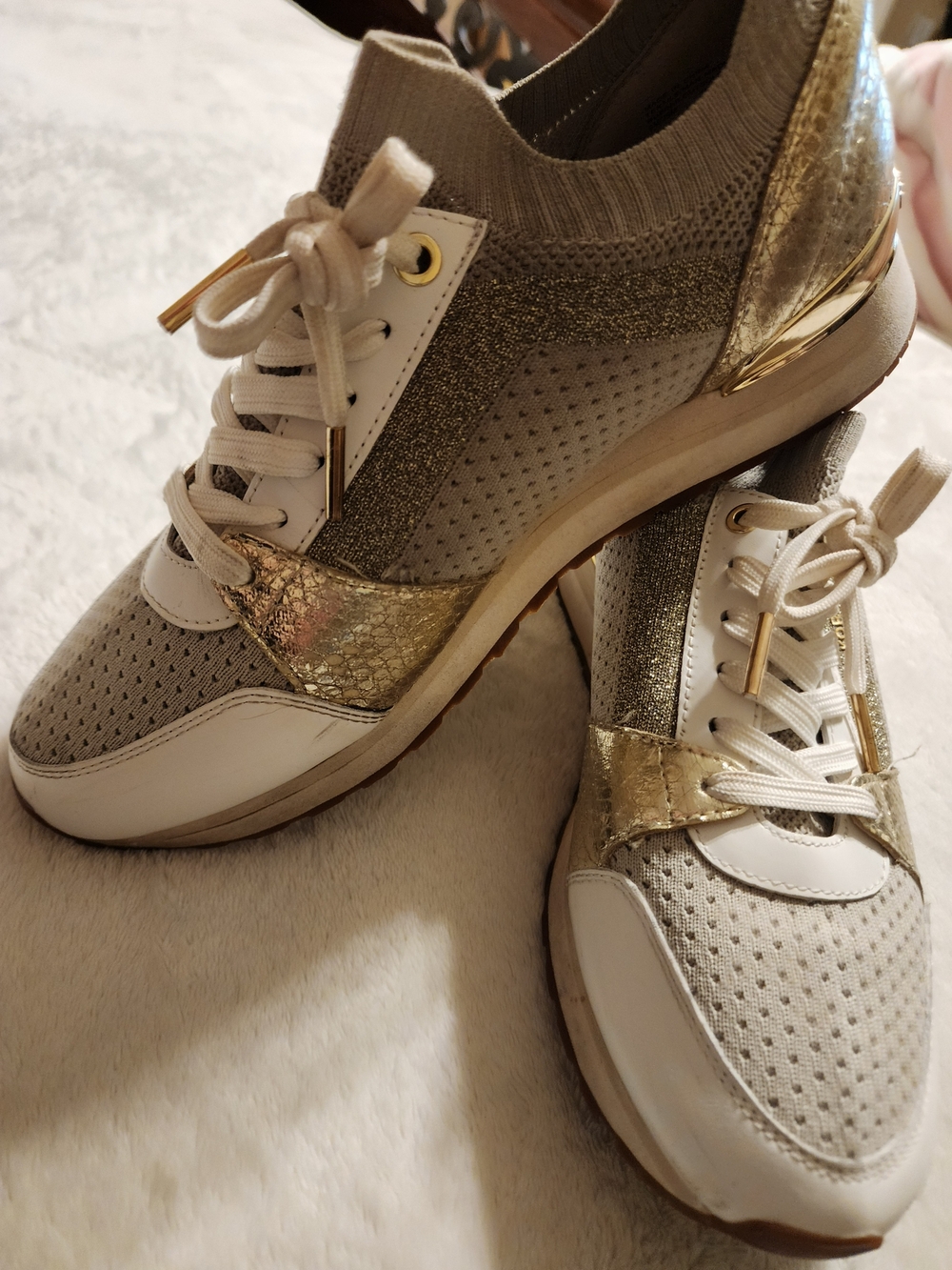 Michael Kors Cream and Gold Knit Lace-Up Sneakers